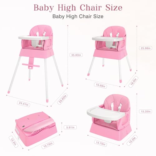 5 in 1 Foldable Baby High Chair,Convertible Highchair for Babies and Toddlers-Portable Infant Booster Seat,Carry Small Box,Dining Chair,Toddler High Chair with 5-Point Harness,Removable Tray-Pink