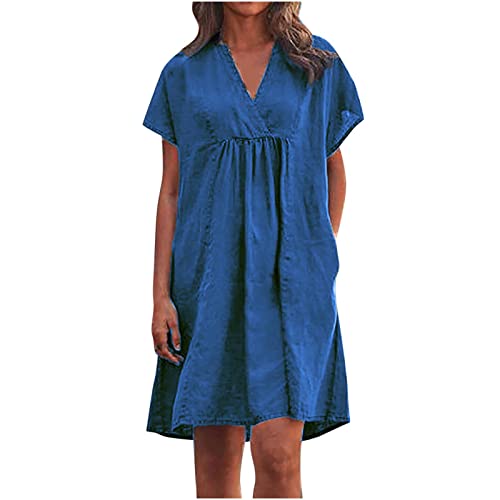 Vintage Summer Cotton Linen Dress for Women Casual Short Sleeve Ruched T Shirts Dress Loose Fit A-Line Beach Sundress X-Large Blue