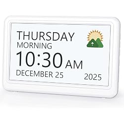 Digital Clock with Date and Week for Seniors, Alzheimer's Dementia Clock | 20 Alarms and 6 Medicine Reminders, Large Font Digital Calendar Alarm Clock for Vision Impaired, White (Ac Powered)