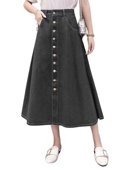 Washed Black Buttoned A-Line Maxi Denim Woman Skirt-image-8
