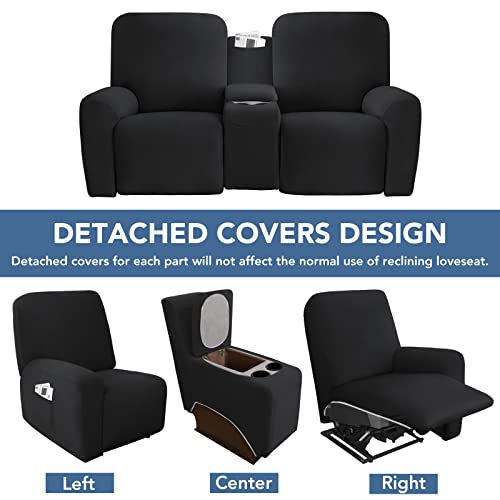 Image of Easy-Going Stretch Recliner Loveseat Cover with Center Console Sofa Slipcover Soft Fitted Fleece 2 Seats Couch with Cup Holder and Storage Washable Furniture Protector Black