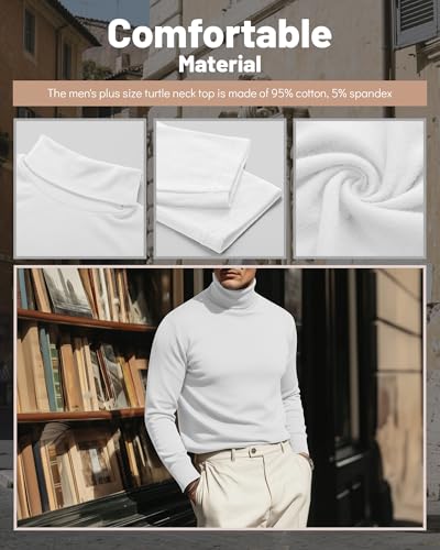 Ficerd - Pack de 3 Camisetas de Cuello Alto para Hombre, Tallas Grandes y Altas, de algodón, Manga Larga, Corte Holgado(Negro, Gris Claro, Blanco,5XL)