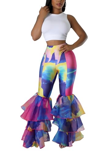 Women's Multi Ruffle Hem Flared Pants Printed High Waisted Bell Bottoms Fashion Trousers Bodycon Pants2
