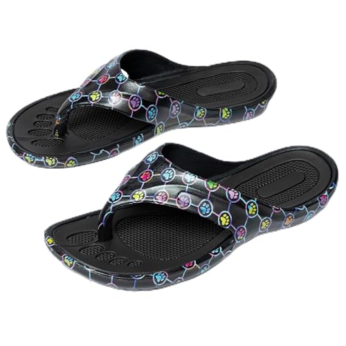 Image of GreaterGood Walking Paws Flip Flops Rainbow Colorful Lightweight Contoured Non Slip Textured Footbed Beach Sandals for Women