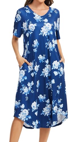 Image of Kabento Nightgowns for Women Cotton Short Sleeve Long Night Gowns with Pockets