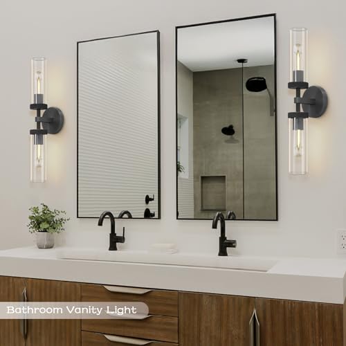 Image of Bathroom Wall Sconce Hardwired, Black Wall Sconces Set of 2, 20.5 inch Vanity Lights Over Mirror, Linear Wall Sconce Dimmable, Bathroom Light Fixtures Glass Tube, Bronze Wall Sconces Interior