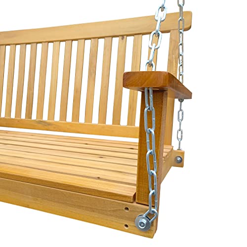Wooden Front Patio Porch Swings, Reclined Backrest Porch Swing With Hanging Chains For Yard Patio Garden, Outdoor Bench Swing, 800 Lbs Capacity, Teak #TOP4