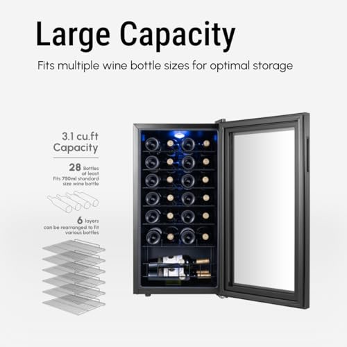 Image of Yeego 28 Bottle Wine Fridge, Compressor Wine Cooler Refrigerator, 38-65℉ Freestanding Wine Cellar with Digital Temperature Control & Double-layer Glass Door & Soft LED for Home, Office, Bar