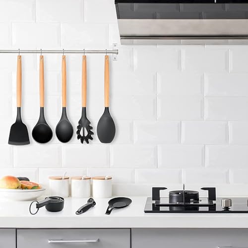 Image of Artek 33 Pieces Kitchen Cooking Utensils Set, 33 pcs Non-Stick Silicone Cooking Kitchen Utensils Spatula Set with Holder, Wooden Handle Silicone Kitchen Gadgets Utensil Set (Red)