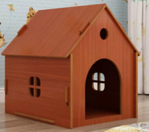 Ambety 四季通用ハウス型ペットベッド 小型犬猫用ペットハウス 室内厚手ドッグケージキャットケージ 木製ペットハウスドッグシェルター (柚木色無門金,M)