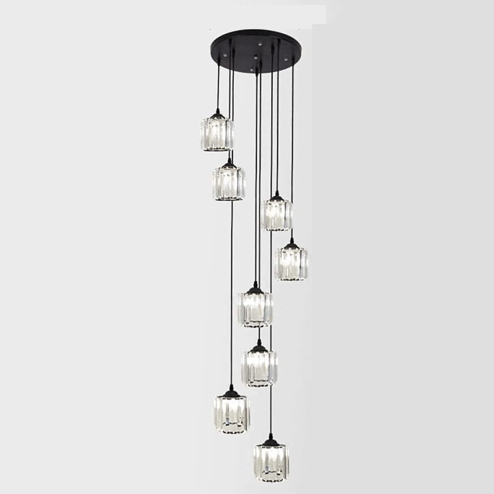LANTANB 8 Light Farmhouse Black Crystal Chandelier for Entryway Foyer Spiral Staircase Long Pendant Lights for High Ceilings Modern Glass Cage Lamp for Stairwell Hotels Hall Living Room Hallway