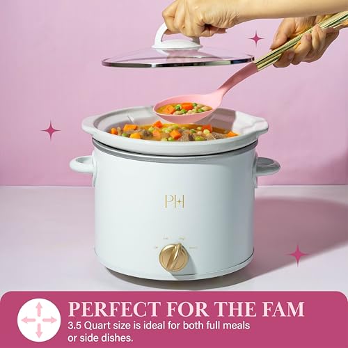 Image of Paris Hilton 3.5-Quart Manual Slow Cooker, Naturally Nonstick Stoneware Ceramic Insert, Three Settings (Low, High, Warm), Dishwasher Safe Family Size Slow Cooker, White