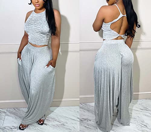 Wokanse Women Casual Solid 2 Piece Outfits Jumpsuits Sleeveless Halter Ruched Crop Tops Loose Leg Pants Set Tracksuits Grey M #TOP2