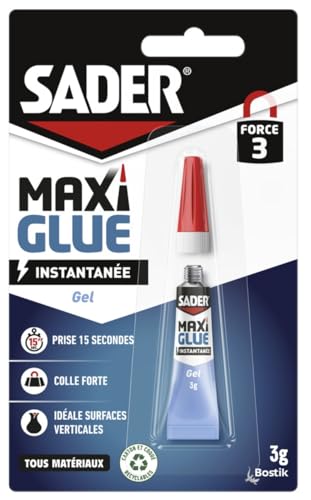 Sader Maxiglue Gel – Super Glue Universelle – Tous Matériaux – Colle de Réparation à Prise Rapide – Colle Extra Forte – Transparente – Tube de 3 g