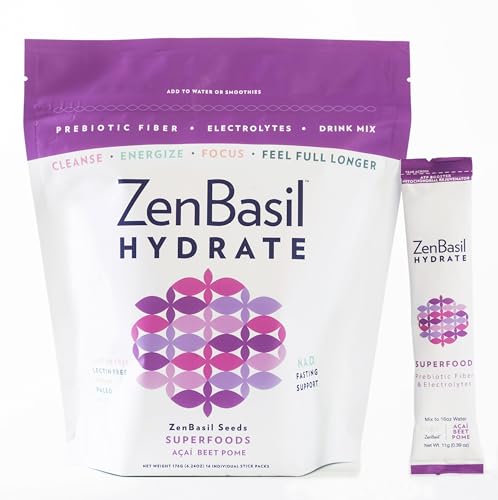 Zen Basil Hydrate - Acai Pomegranate Beet Electrolyte Drink Mix | Sugar-Free Hydration Powder Packets | Fasting Support | Keto, Paleo | 16 Sticks | Cellular Hydration