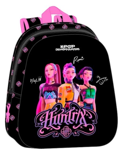 Safta | Mochila Escolar K-Pop Demon Hunters, Frontal 3D Termoconformado, Hombreras Acolchadas Ergonómicas, Bolsillo Lateral Portabotellas, Asa Superior, Negra, Vuelta al Cole, Medidas 27x10x33 cm