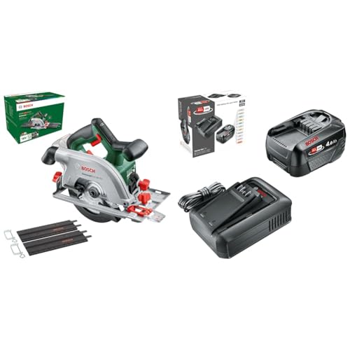 Bosch Akku-Kreissäge UniversalCirc 18V-53 (2 tlg. Führungsschienenset; ohne Akku) – Amazon Edition + Bosch Akku und Schnellladegerät Starter Set 18V (1x 4,0Ah Li-Ionen-Akku; 1x Schnellladegerät)