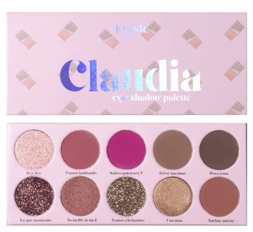 KRASH KOSMETICS Paleta de Sombras eyEXshadow Claudia - 10 Sombras Ultra Pigmentadas Mate Shimmer Glitter - Color Nude Morado Rojo Rosa Granate Dorado - Incluye Espejo - Vegano y Cruelty Free