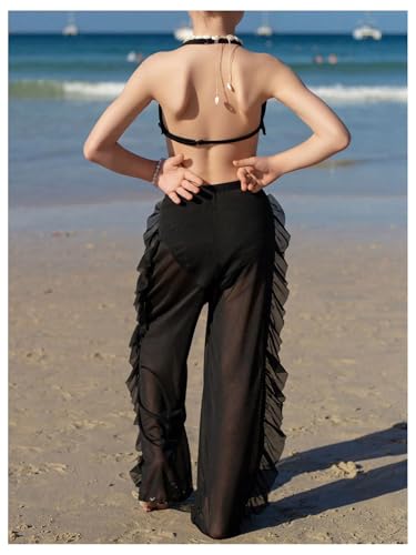 MakeMeChic Girl's 3 Piece Bikini Sets Halter Backless Ruffle Swimsuit with Mesh Sheer Cover Up Pants3