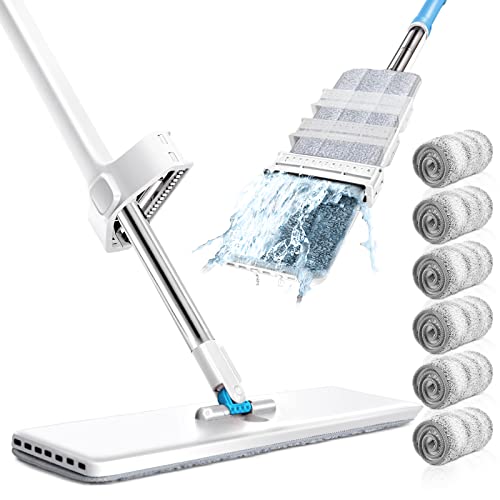 Myiosus Balai Serpillère avec Fonction Essorage, Balai Plat en Télescopique Poignée en Acier INOX, Serpillere pour Nettoyage de Sol - 6 Tampons en Microfibre (Blanc) Cover