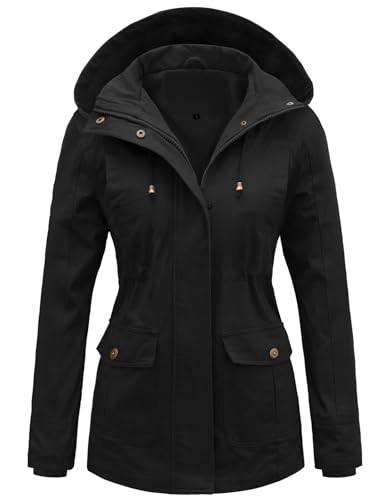 Tuopuda Übergangsjacke Damen Jacke Übergang Baumwolle Stehkragen Mantel Parka Jacket mit Kapuze mit Kordelzug Übergangsmantel für Frühling Sommer Herbst, Schwarz, L