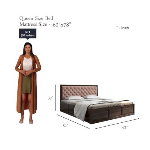 Image of DRIFTINGWOOD Dolvi Solid Sheesham Wood Queen Size Bed with Storage | Wooden Double Bed Cot Bed with Box Storage & Matt Pink Velvet Upholstered Cushioned Headboard for Bedroom | Walnut Finish