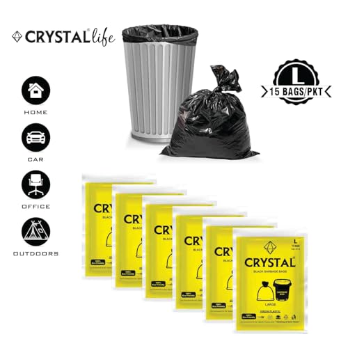 Image of Crystal Pouch Garbage Bags | Large | 90 Count | 15 Bags X 6 Rolls | 24 X 32 Inches | For Dry & Wet Waste | Black