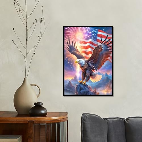 Image of DIY 5D Diamond Painting Kits for Adults, Bald Eagle American Flag Independence Day Fireworks Diamond Art Kits for Adults, Full Drill Round Gem Art Kits 4th of July Patriotic Wall Decor 12x16 Inch