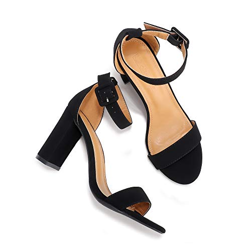 SHOWHOW Women’s Chunky High Heel Open Toe Sandals Ankle Strap Wedding Dress Evening Pump Shoes With Buckle Black Nubuck… - Image 3