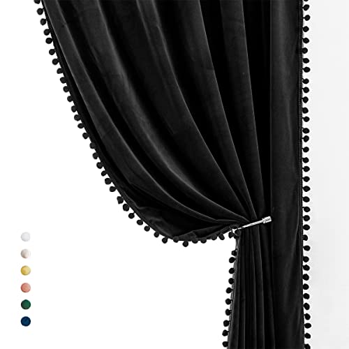 Treatmentex Pom-Pom Black Velvet Curtains for Living Room 63