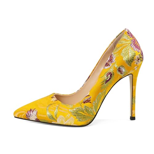 Image of Eldof Pumps High Heels for Women, Pointed Toe Slip On Stiletto Heels with Flower Embroidered Design, Perfect for Wedding Dress, Satin Yellow Heels 4 Inches US Size 9