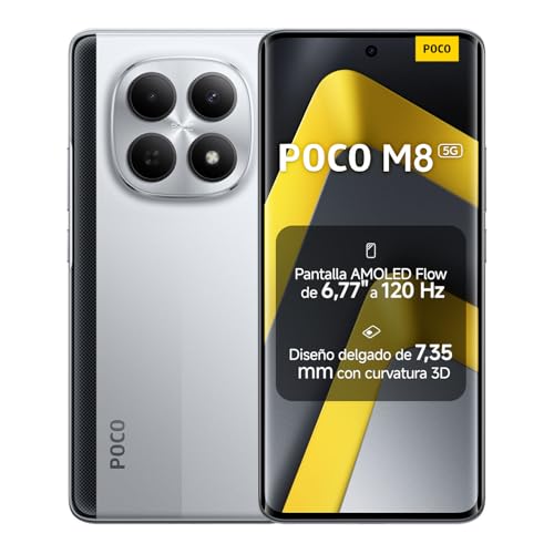 XIAOMI POCO M8 5G - Smartphone de 8+256GB, Pantalla de 6,77' 120Hz Flow AMOLED, Snapdragon 6 Gen 3, cámara Dual de 50MP IA, Carga Turbo de 45W, Cargador no Incluido, Plata (Versión ES)