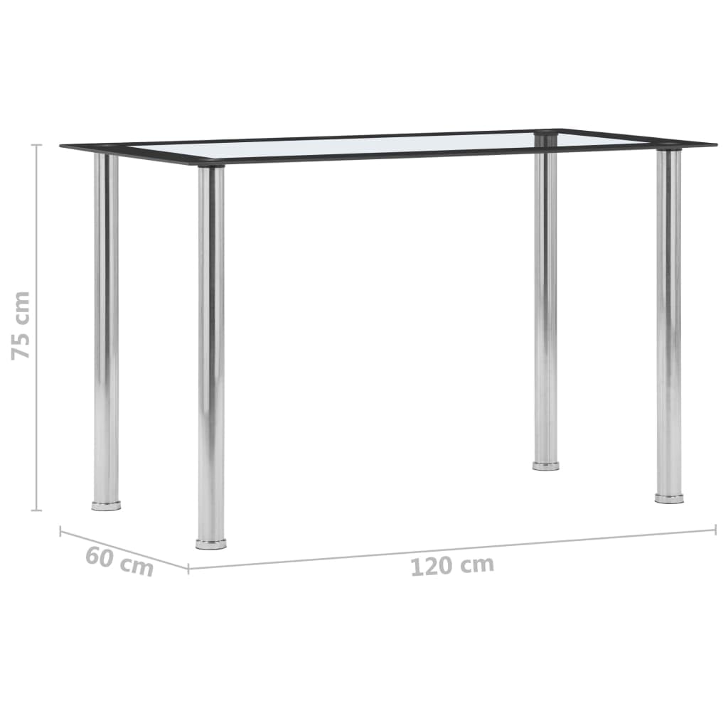 Table à manger noire transparente 120 x 60 x 75 cm, plateau en verre trempé, cadre en acier inoxydable, table de cuisine moderne, table de salle à manger pour 4 personnes, facile d'entretien