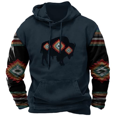 Mens Aztec Graphic Cowboy Hoodies Oversized Long Sleeve Drawstring Sweatshirts Pullover Country Jackets with Pocket