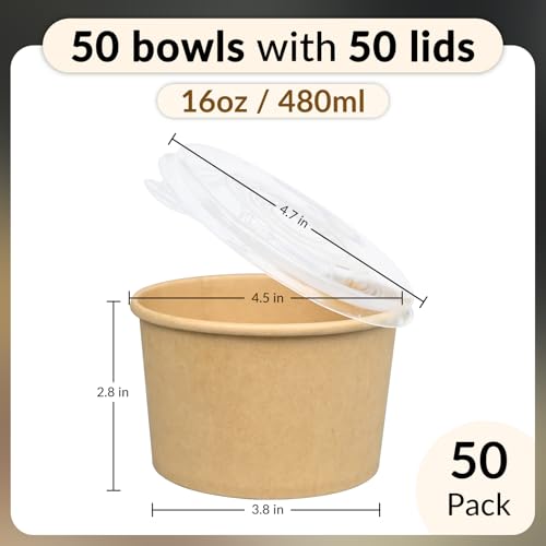 Image of ESSENTIAL 50 Pcs 16oz Paper Ice Cream Cups with Lids | Disposable Soup Bowls with Lids for Hot or Cold Food, Paper Snack Containers for Sundae, Frozen Yogurt, Soup (Brown)