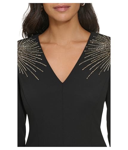 Image of Calvin Klein Women's Long Sleeve V-Neck Rhinestone Studded Crepe Mini Dress