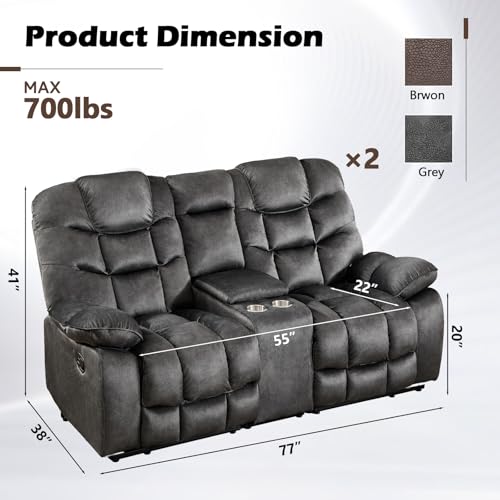 Image of HAOMARKETS Manual Reclining Loveseat Sofa Set of 2 for Living Room, 77 inch Wide Overstuffed 2-Seater Recliner Couch with Cup Holders & Storage Console, Breathable Fabric, Grey