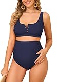 Zando Navy Maternity Swimsuit High Waisted Maternity Swimsuits for Women Cross Back Bikini Set Maternity Bathing Suit Two Piece Button Down Maternity Bathing Suits for Women Pregnancy Swimwear M