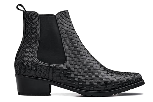 Image of CALTO Men's Invisible Height Increasing Elevator Shoes - Black Premium Leather Woven Slip-on Chelsea Ankle Boots - 3.3 Inches Taller - K30521 - Size 6 D(M) US