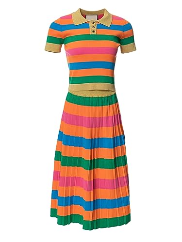 Women's Summer Striped Skirts Set Turn-Down Collar Button Tops+Elastic Waist Half Skirt Two-Piece Set