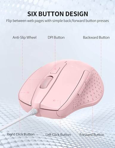 Image of TECKNET Wired Mouse, 6-Button Corded with 4 Adjustable DPI, Optical Ergonomic Design, 5FT Cord for Laptop, Chromebook, PC, Desktop, Mac, Notebook - Pink