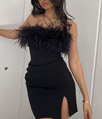 Nufiwi Women Strapless Ruched Mini Dress Sexy Backless Bandeau Tube Top Bodycon Dresses Printed Club Party Short Dress(Feather Black,S) #TOP2