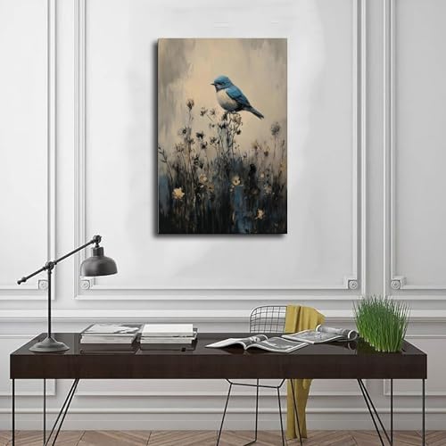 Impression sur toile oiseau bleu Moody de QITUBVAF en format 40 x 60 cm
