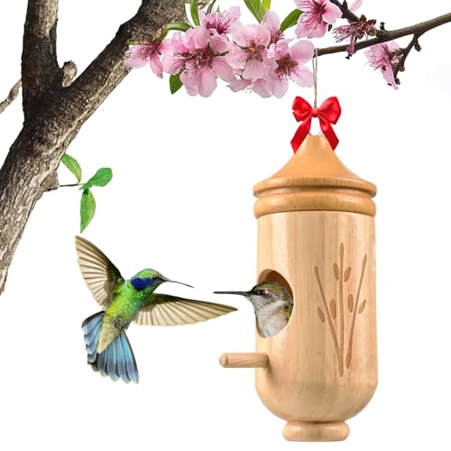 Hummingbird House, Solid Wood Hummingbird Houses for Outside-Exquisitely Handcrafted Birdhouse with Bow and Jute String Hanging Kit, Durable Garden Decor, Perfect Gardening Gift (Style-B, 1 Pack)