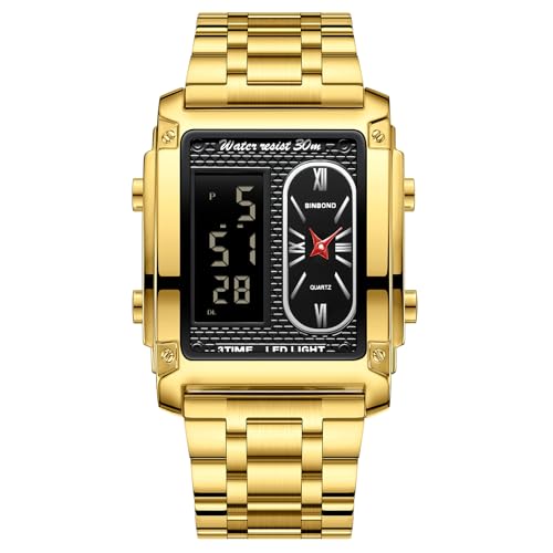 Imagen de JewelryWe Reloj Digital Multifunción Hombre: Reloj de Pulsera Rectangular de Doble Movimiento Hora Triple Calendario Cronómetro Despertador Luz Resistente al Agua Oro para Ocio Negocios Regalos
