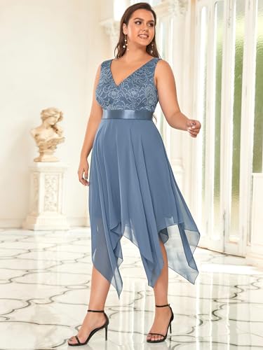 Image of Ever-Pretty Plus Women's V Neck Sleeveless Asymmetric Hem Lace Chiffon Short Summer Plus Size Wedding Guest Dresses Dusty Blue US14