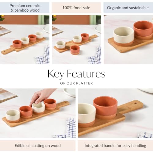 Image of Nestasia Ceramic Serving Platter Set of 5 | 4 Small Ceramic Snack Bowls with 1 Bamboo Wood Tray | 100% Food Safe Tray Set - Perfect for Serving Dips, Dry Fruits & Snacks