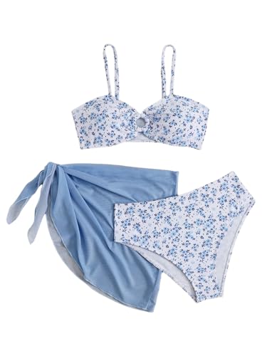 SHENHE Girl's Floral Swimsuits 3 Piece Bathing Suits O Ring Bikini Set with Sarong Coverups