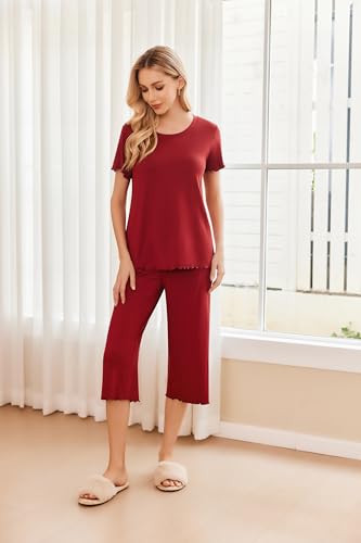 Image of Ekouaer 2 Pack: Women's Pajamas Set Short Sleeve Sleepwear Capri Pants Pjs Soft Loungewear with Pockets