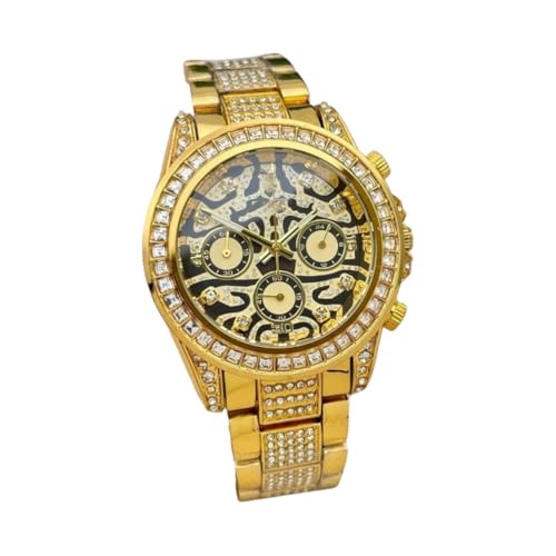 Image of Luxury Full Gold Skeleton Dial Watch for Men | Iced Metal Strap | Diamond Bezel | Analog Chronograph Look | Royal Fashion Wristwatch